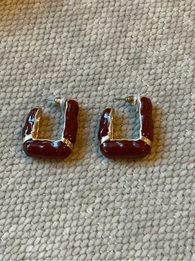 Gold-Trim Burgundy Enamel Square Hoop Earrings - Women Jewelry - Jbloom